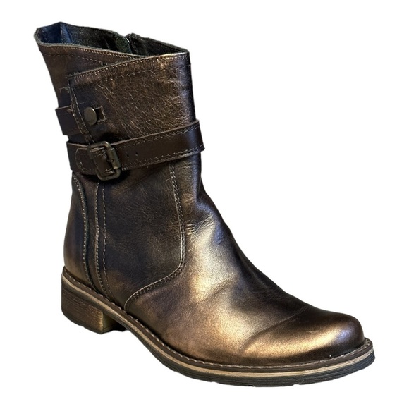 V-Italia Bronze Metallic Leather Moto Boots Women’s 7 EU 38 Mid Calf Buckle Zip - Picture 1 of 13